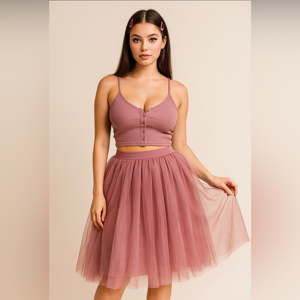 Haute Monde Pink Ruffled Skater Midi Skirt NWT